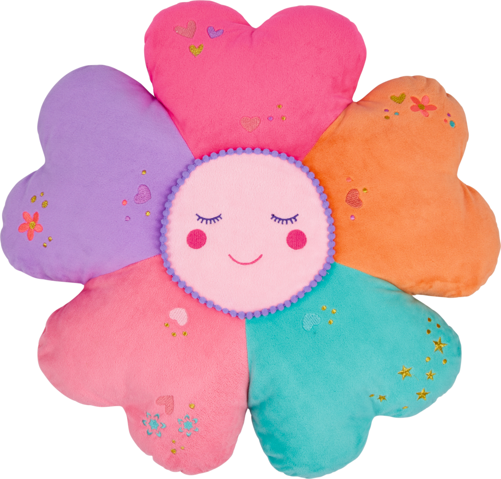 Buntes Blütenkissen mit fünf herzförmigen Blütenblättern und einem lächelnden Gesicht in der Mitte.