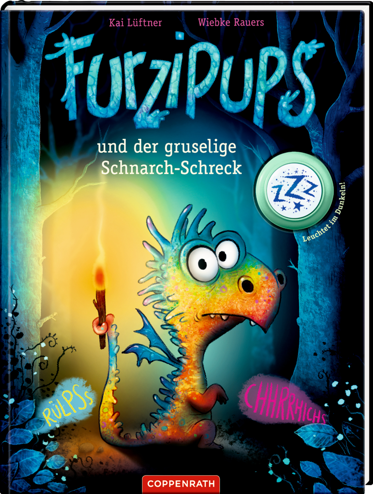 Furzipups-Cover auf dem ein nervöser Drache eine Kerze in einem dunklen, gruseligen Wald hält.