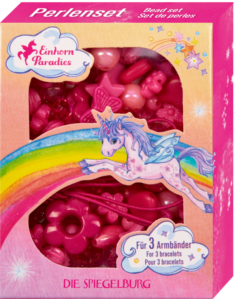 Perlen-Set in pinker Einhorn-Box mit Regenbogen-Design und bunten Perlen im Inneren.