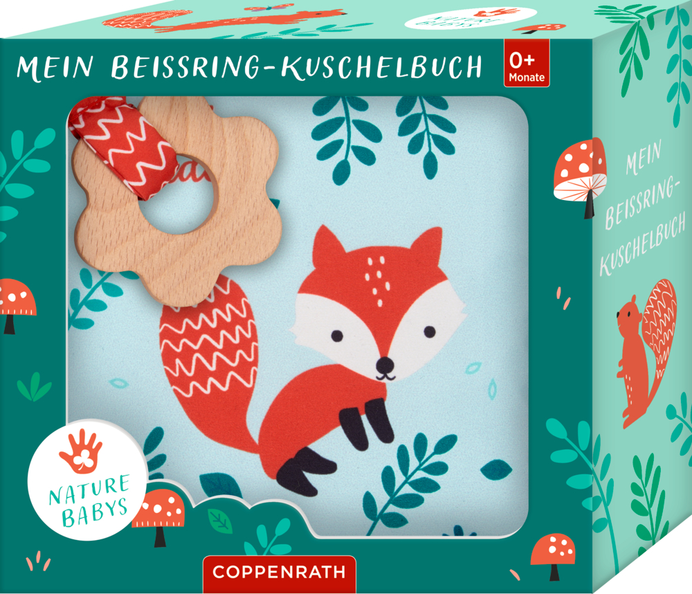 Box mit einem Beissring-Kuschelbuch für Babys darauf eine Fuchs-Illustration und der Titel „Mein Beissring-Kuschelbuch“ –.