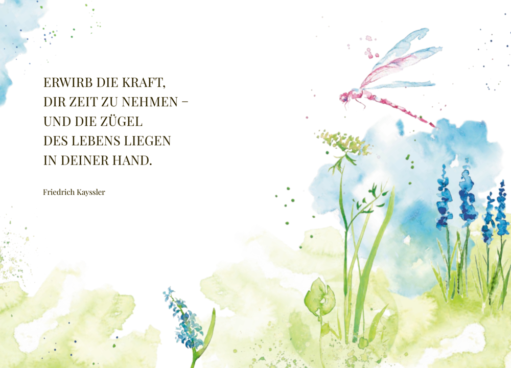 Aquarell-Libelle und Wildblumen mit einem Zitat von Friedrich Kayßler auf der linken Seite.