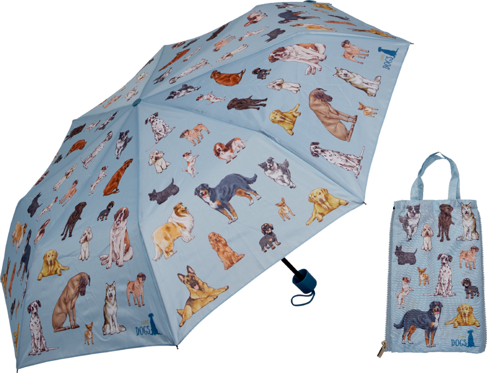 Hellblauer Regenschirm mit Hundeillustrationen im geöffneten Zustand.