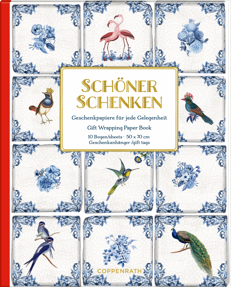 Buchdeckel mit Vögeln und blauen Blumenkacheln, Titel „Schöner Schenken“ in einer goldenen Box.