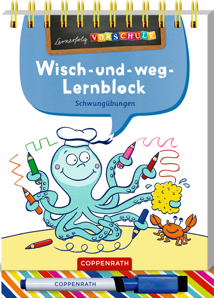 Cover des  Vorschularbeitshefts: Krake hält Stifte, daneben eine Krabbenzeichnung.