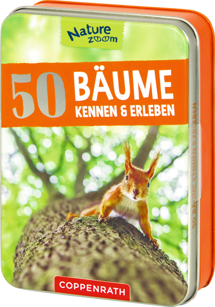Blechdose mit Eichhörnchen auf Baum, beschriftet mit „50 Bäume kennen & erleben“ von Coppenrath.