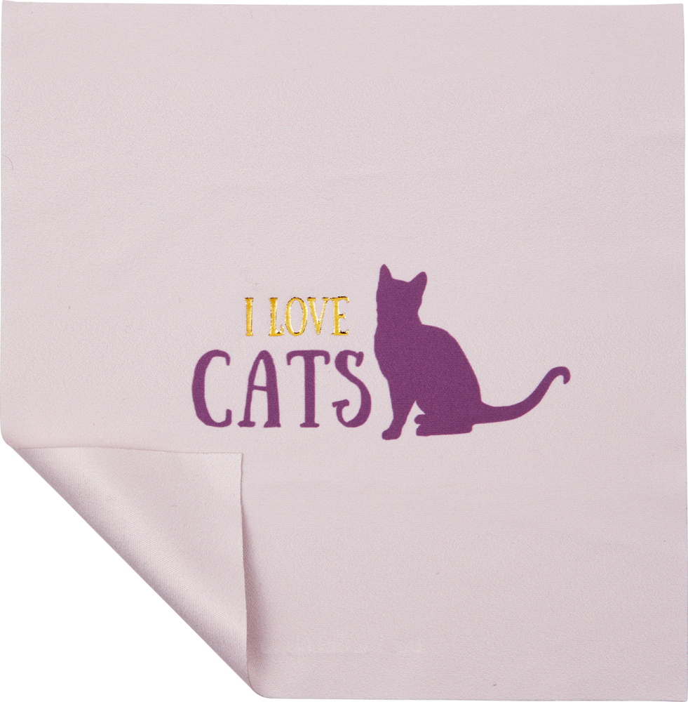Lila Katzensilhouette mit dem Text "I LOVE CATS" auf einem rosa Tuch.