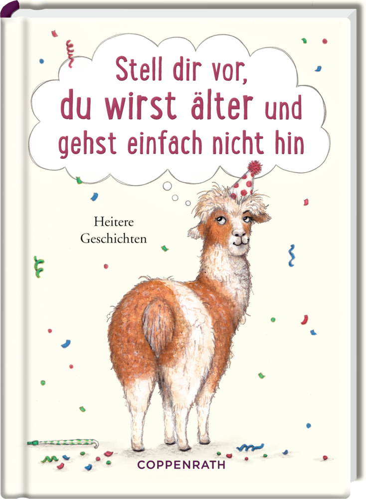 Ein Lama mit Partyhut steht im Konfettiregen, darüber steht der Titel auf einem weißen Buchcover.