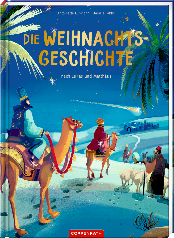 Die Heiligen Drei Könige reiten unter einem Sternenhimmel auf Kamelen nach Bethlehem, während Palmen und Tiere im Bild sind.