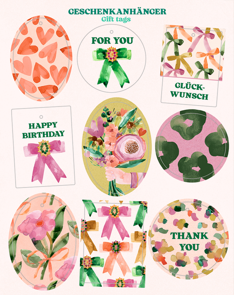 Neun bunte Geschenkanhänger in verschiedenen Formen mit Herz-, Blumen- und Schleifenmotiven sowie Texten wie „FOR YOU“ und „THANK YOU“.