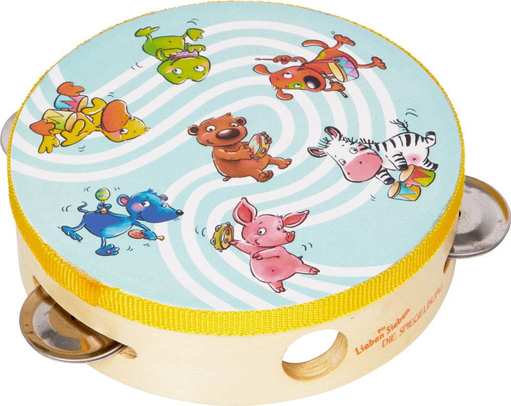 Kindertamburin mit Cartoon-Tieren, die Instrumente spielen, auf einem hellblau gemusterten Hintergrund.