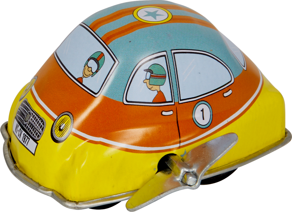 Vintage-Spielzeugauto aus Blech in Türkis, Orange und Gelb mit Fahrerfigur und seitlichem Aufziehschlüssel.