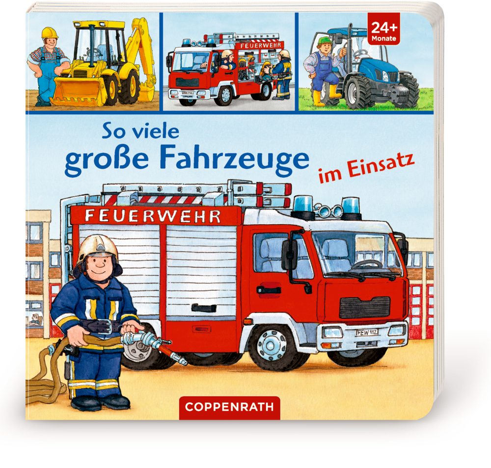 Kinderbuchcover mit illustriertem Feuerwehrauto, Feuerwehrmann, Bagger, Traktor und Menschen bei der Arbeit.