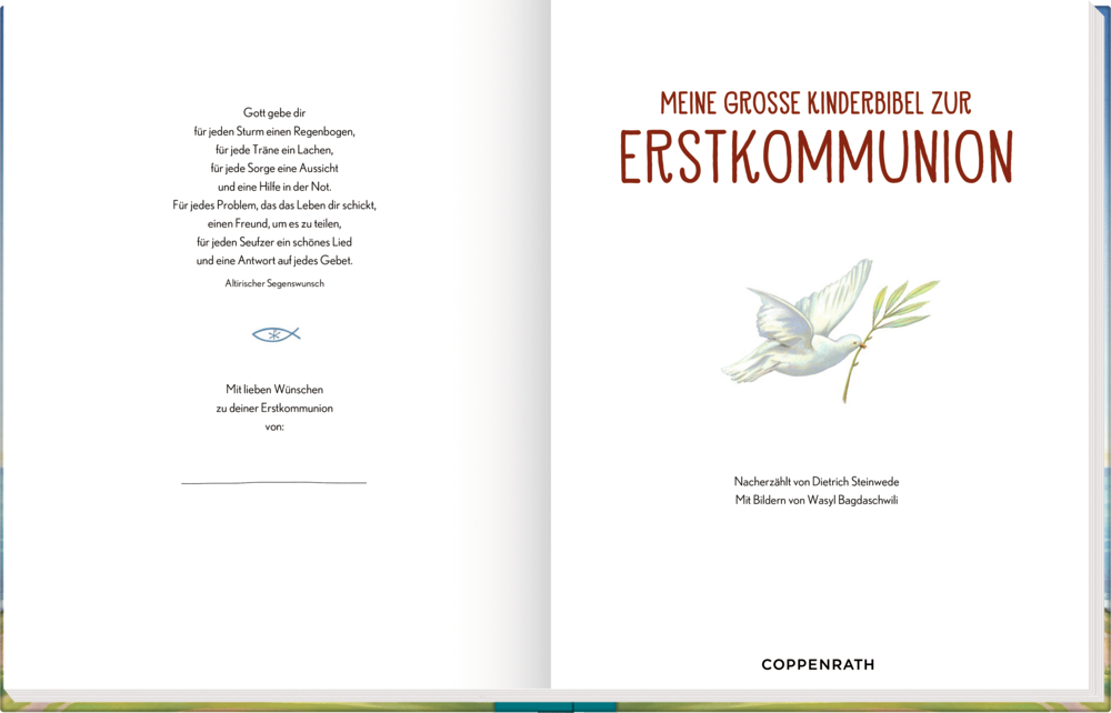 Kinderbibel aufgeschlagen, rechte Seite zeigt eine Taube mit einem Olivenzweig und der Titel "Meine Grosse Kinderbibel zur Erstkommunion".