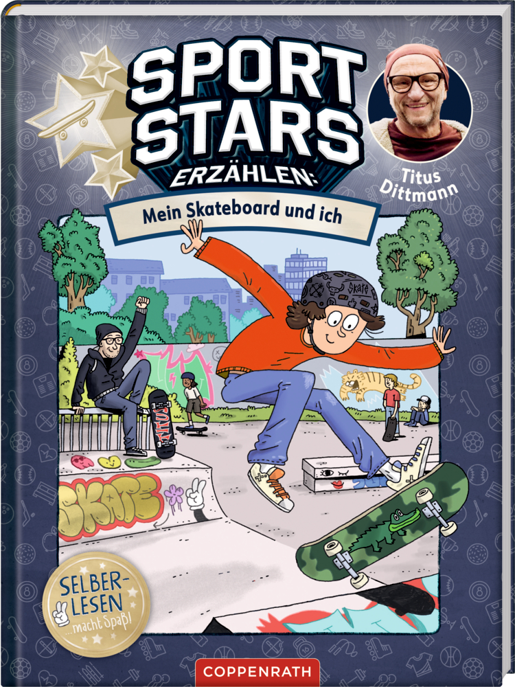 Kinder fahren Skateboard im Park. Im Hintergrund sind Graffiti, Bäume und Gebäude. Das Gesicht eines Mannes ist als Inset zu sehen.