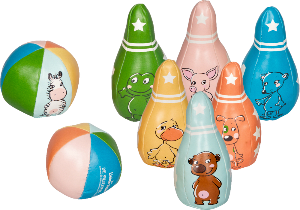 Bunte Bowlingkegel und zwei weiche Bälle, verziert mit Cartoon-Tiergesichtern in einem verspielten Tierdesign.