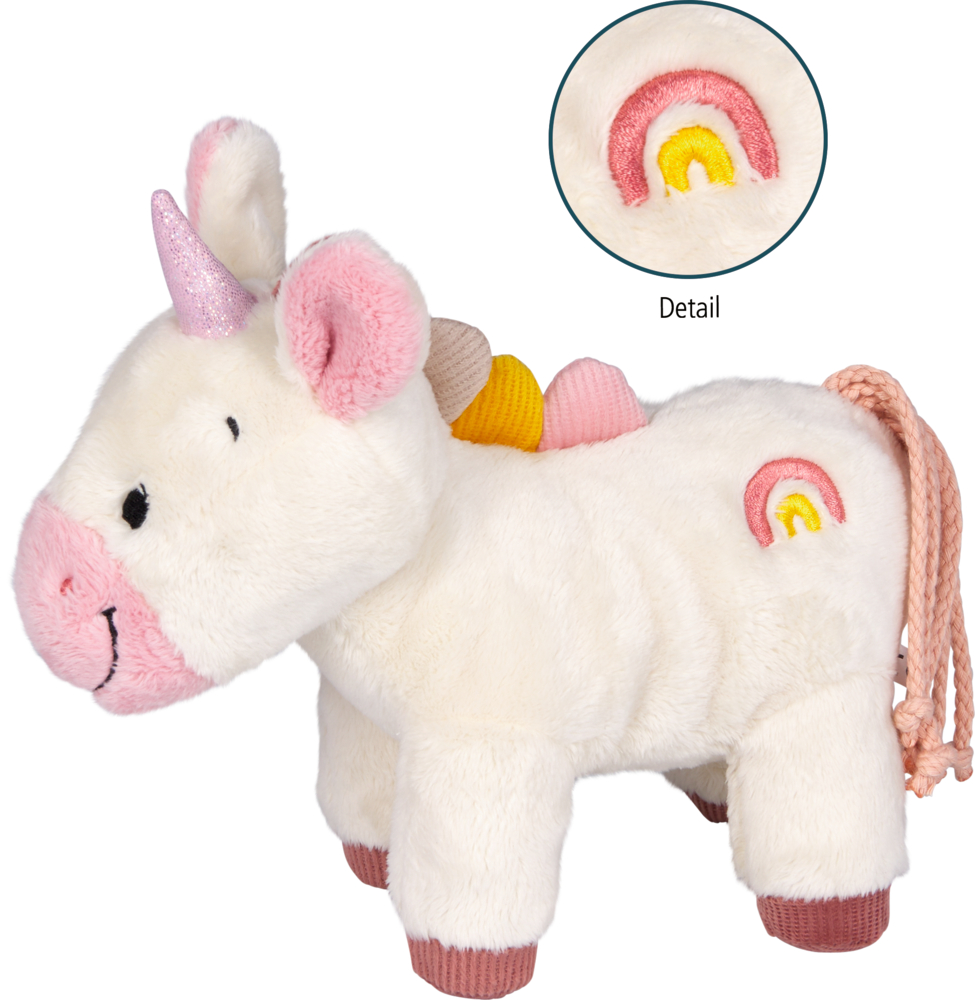 Weißes Plüscheinhorn mit rosa Horn, Ohren und Hufen, Regenbogenstickerei an der Seite und Schweif aus Kordeln.