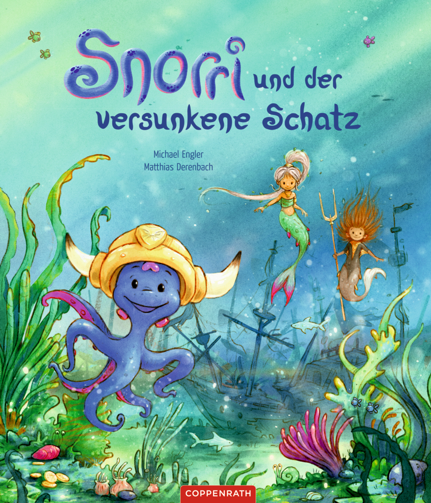 Ein lächelnder Oktopus mit Helm und zwei Meerjungfrauen bei einem versunkenen Schiff, der Titel steht darüber.
