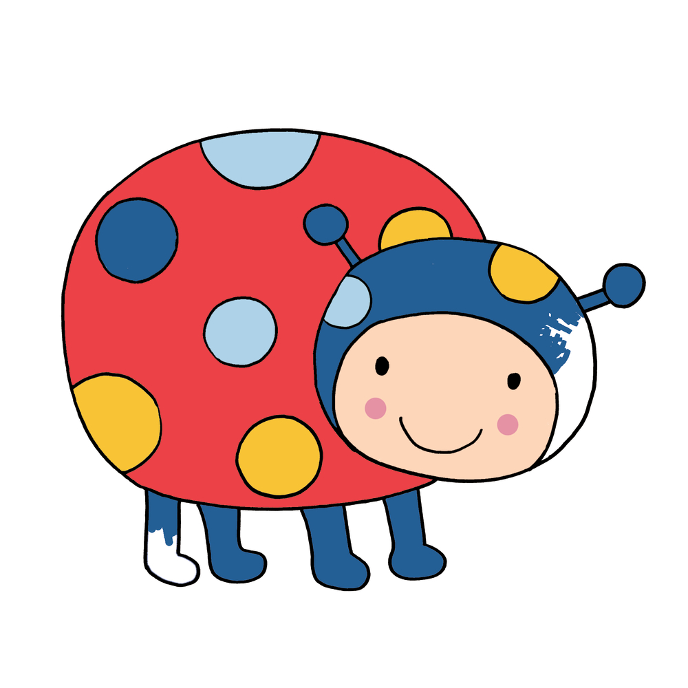 Illustration eines Marienkäfers mit menschlichem Gesicht, rotem Körper und bunten Punkten in Blau, Gelb und Hellblau.