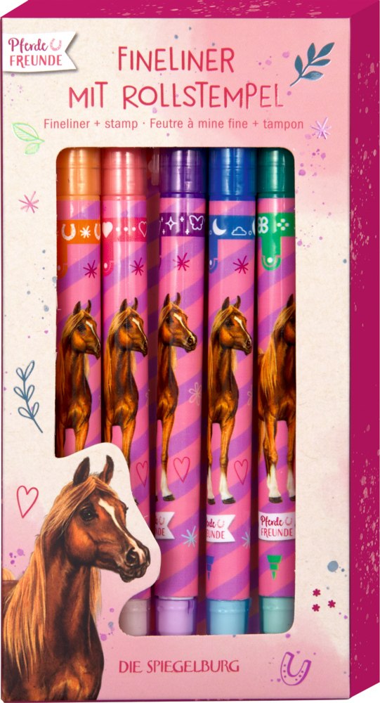Fünf bunte Fineliner mit Pferdemotiv und Rollstempel in pinker Verpackung mit Pferdeabbildung.