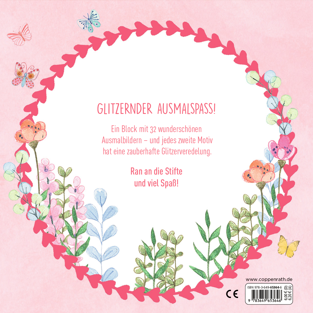 Rosa Malbuchrückseite mit bunten Blumen, Schmetterlingen und pinkem Blätterkranz, mittig Text zu einem Ausmalblock.