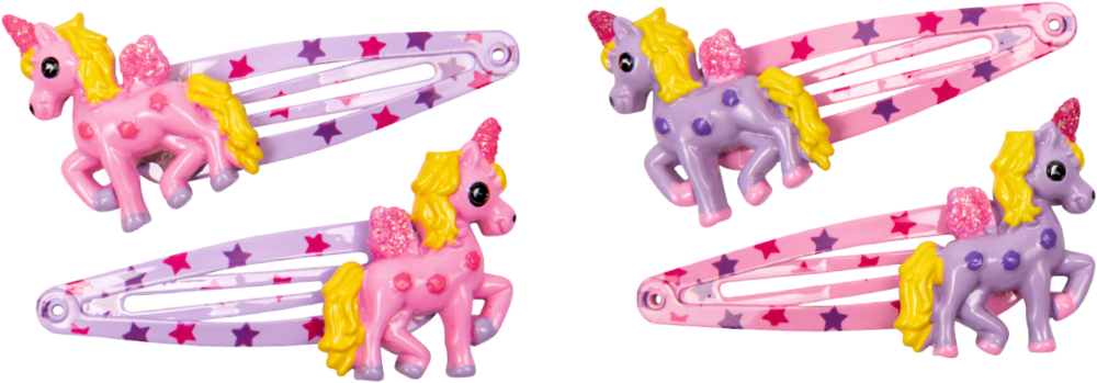 Set mit vier Einhorn-Haarspangen mit Sternmuster in Rosa, Lila und Gelb auf weißem Hintergrund.