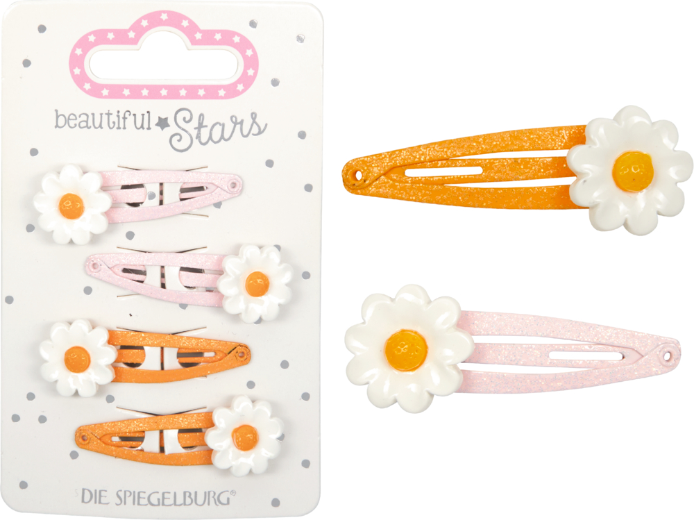 Set aus zwei rosa und zwei orangefarbenen Haarspangen mit Gänseblümchen auf einer Displaykarte.