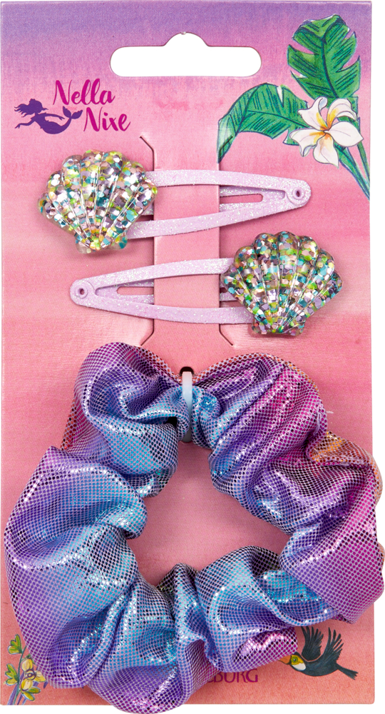 Bunte Muschel-Haarklammern und ein schimmerndes Scrunchie auf einer tropisch gestalteten Meerjungfrauenkarte.