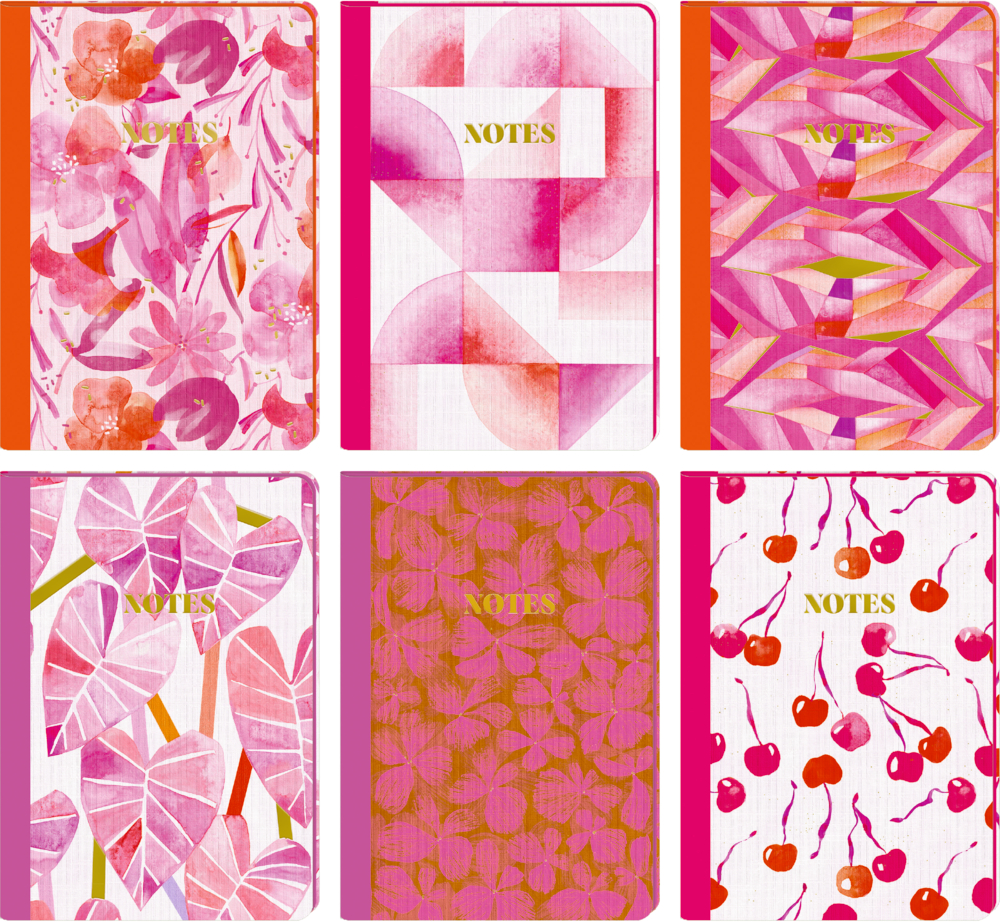 Sechs farbenfrohe Notizbücher mit Blumen-, Blatt-, Kirsch- und geometrischen Mustern in Rosa, Rot und Gold.