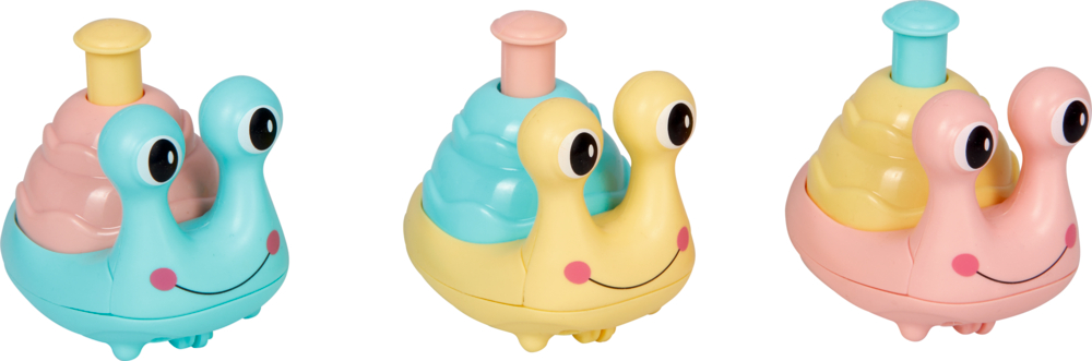 Drei bunte Schneckenspielzeuge mit großen Augen, lächelnden Gesichtern und einem Knopf oben auf jedem Schneckenhaus.