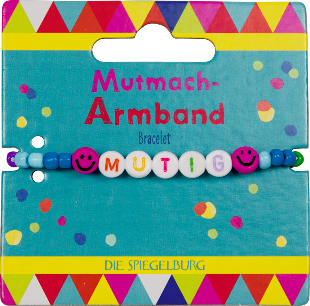Buntes Perlenarmband mit Buchstaben MUTIG und Smiley-Gesichtern auf einer Karte mit Konfetti-Muster.