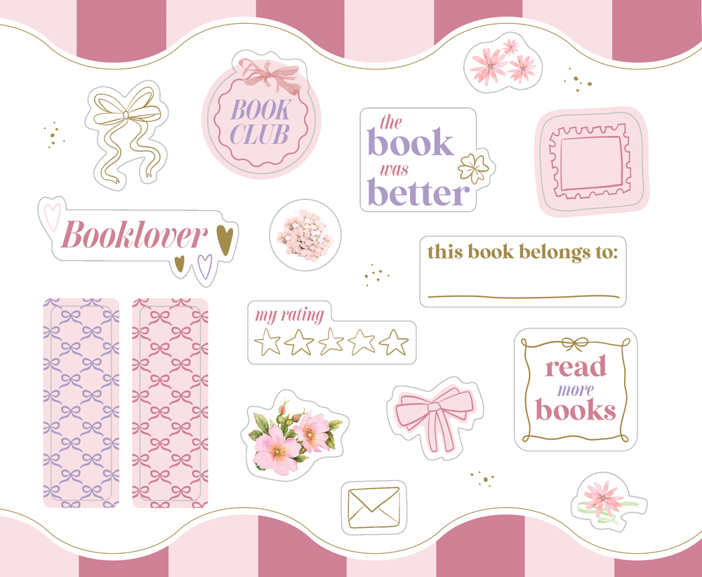 Rosa und lila Buch-Sticker, Sätze, Blumen, Schleifen, Sterne und verzierte Rahmen.