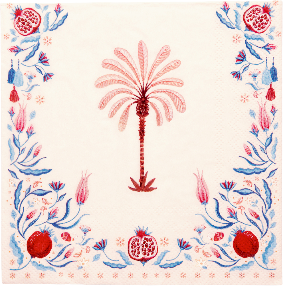 Cremefarbende Serviette mit lachsfarbender Palme in der Mitte und Blau, Rot und Rosa floralen Muster mit Granatäpfeln am Rand.