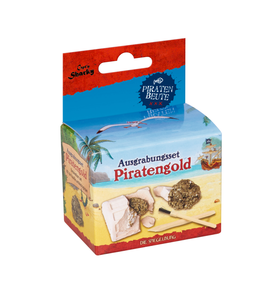"Kleine Pappschachtel mit der Abbildung von Gold, einem Gipsblock, Grabwerkzeugen und einer Strandszene im Hintergrund."