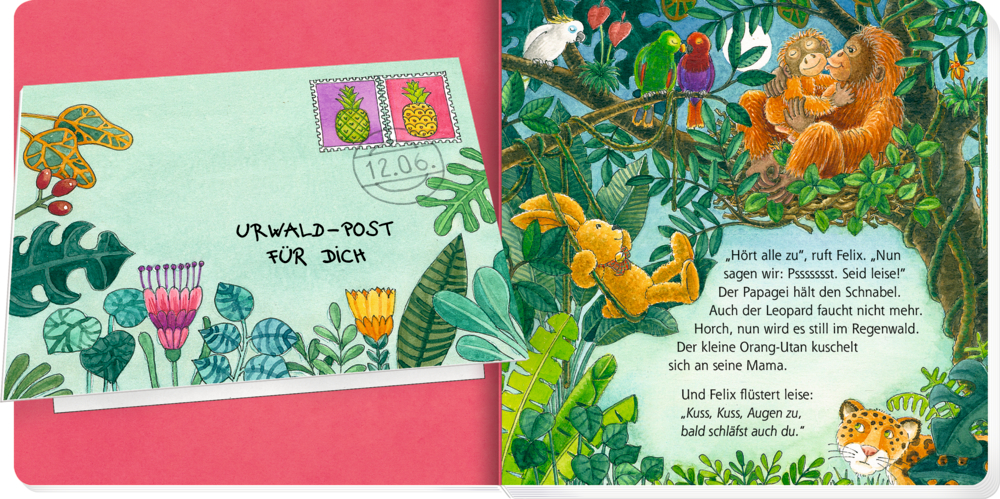 Postkarte mit der Aufschrift „URWALD-POST FÜR DICH“ und Tieren, die in einer illustrierten Dschungelszene kuscheln, auf einer Doppelseite mit  Text.