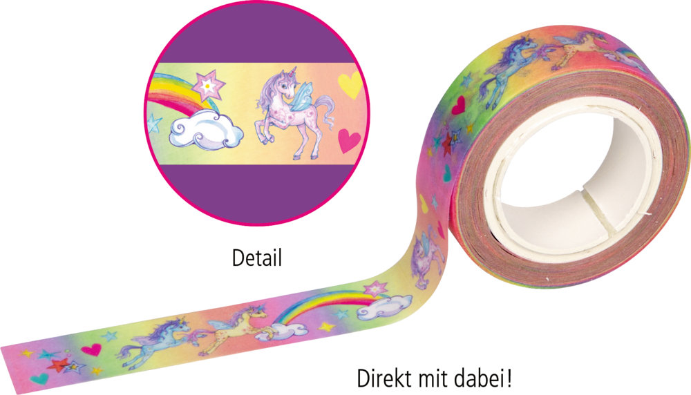 Rolle buntes Klebeband mit Einhorn-, Regenbogen-, Herz- und Sternmotiv auf farbigem Hintergrund.