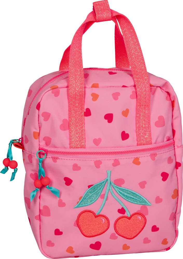 Rosa Rucksack mit roten Henkeln, Herzmustern und einem Kirschmotiv auf der Vorderseite.