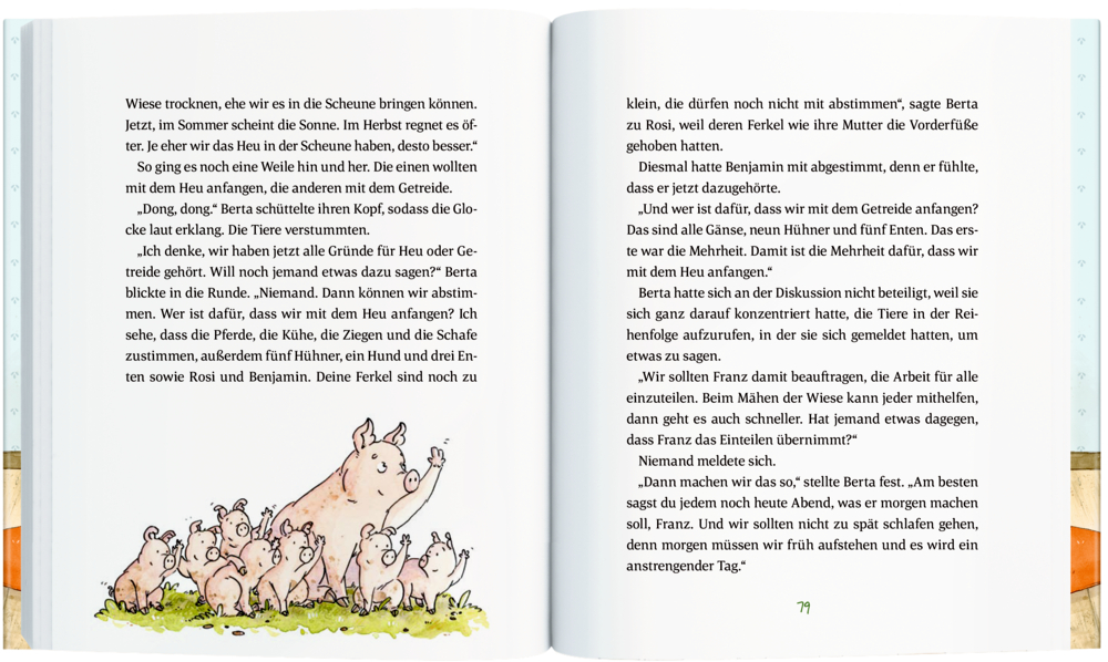 Es werden Gründe, dieses Buch zu mögen aufgelistet, unten rechts ist eine Ente und ein Küken, welches ein „Nein“-Schild hält, abgebildet.