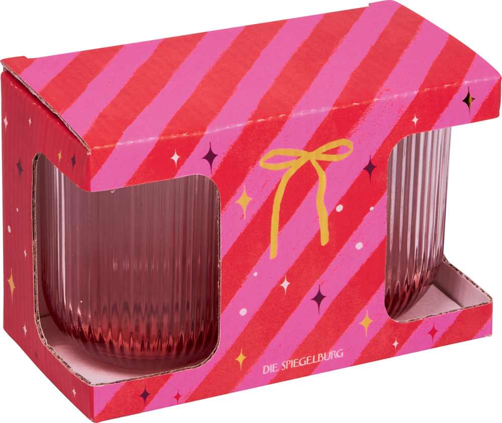 Zwei geriffelte, rosafarbene Gläser in rot-pink gestreifter Verpackung mit gelber Schleifengrafik und Sichtfenstern.