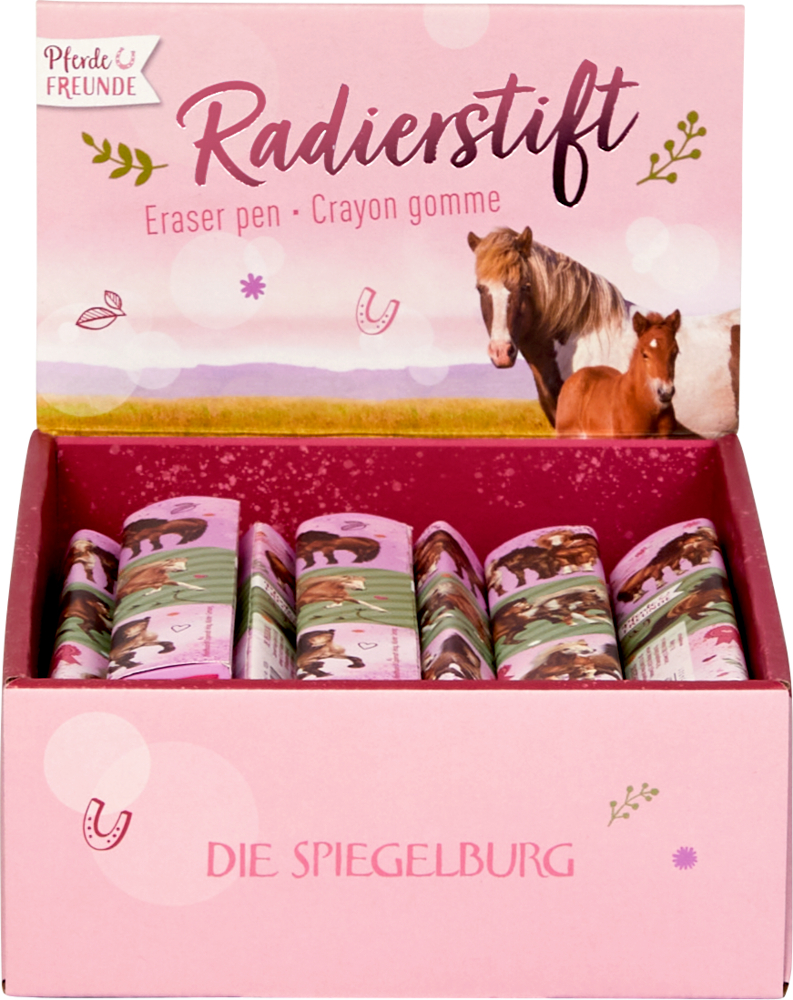 Pinkfarbenes Pappdisplay mit Radierstifte und Pferdemotiven.