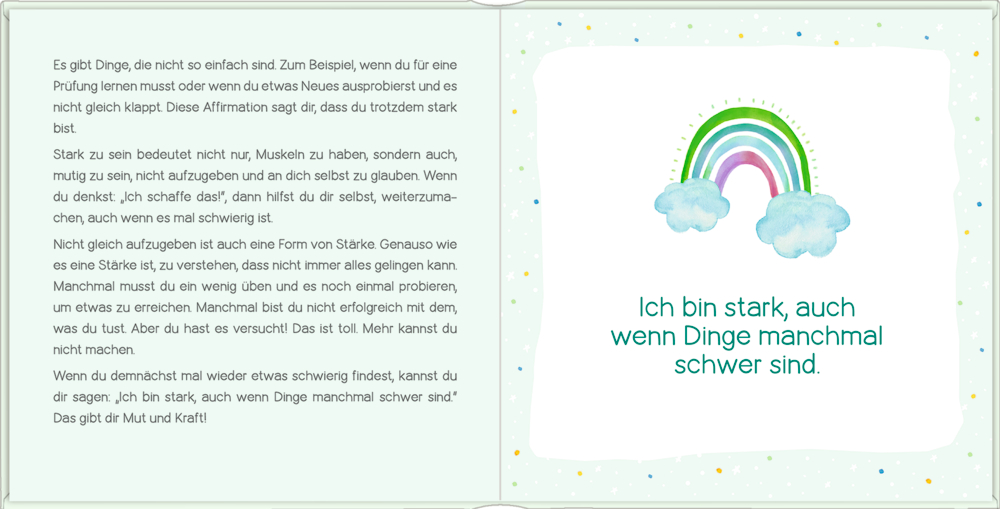 Buntes Regenbogenmotiv mit Wolken und dem Text: Ich bin stark, auch wenn Dinge manchmal schwer sind. Links Fließtext.
