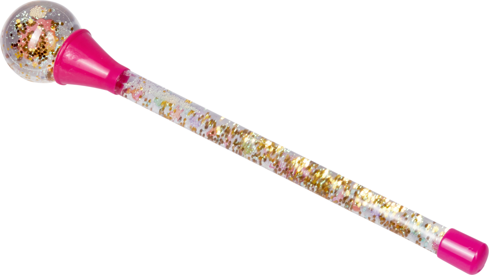 Ein glitzernder Spielzeugstab mit rosa Spitzen und einer durchsichtigen Kugel oben, gefüllt mit schimmerndem Goldglitzer.