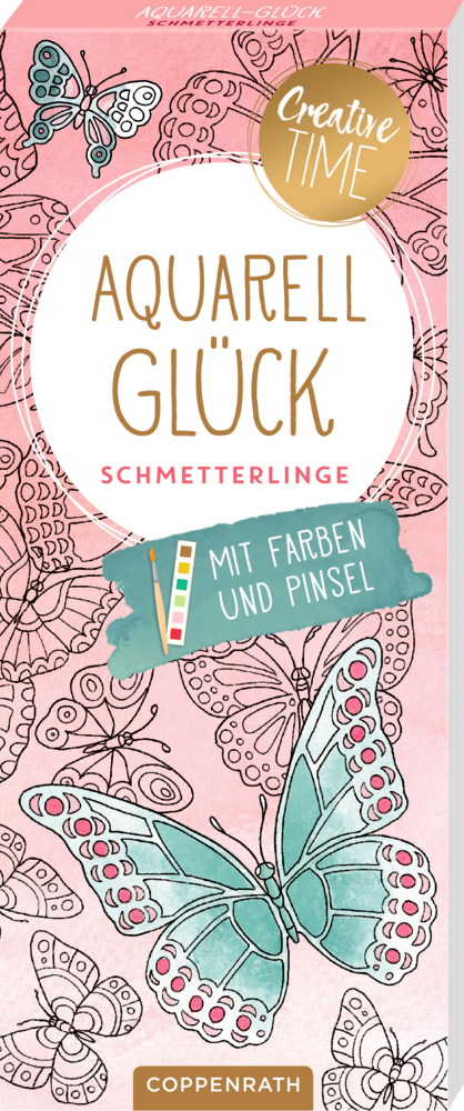 Aquarell-Schmetterlinge, teilweise farbig, auf rosa Hintergrund; deutscher Text zum Thema Malerei.