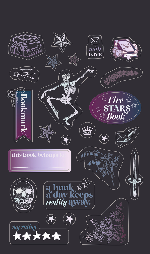 Sticker-Set mit Skelett, Totenkopf, Büchern, Dolch, Blumen, Sternen, Briefumschlägen und Lesemotiven in Lilatönen.