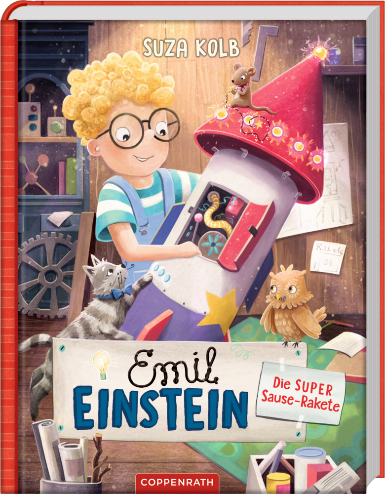 Ein Junge mit Locken baut in einer farbenfrohen, skurrilen Werkstatt, umgeben von verspielten Tieren, eine Rakete, auf ddem Cover von "Emil Einstein - Die SUPER Saue-Rakete".
