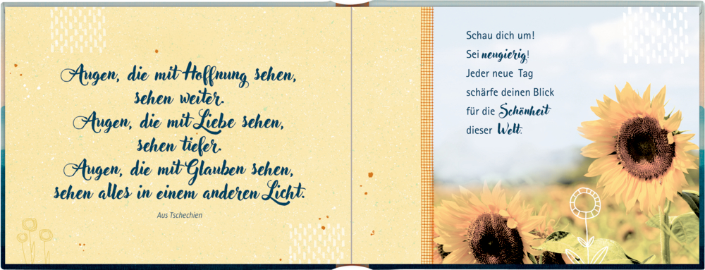 Buchseite: Sonnenblumenfoto, dekorative Muster auf hellgelbem Hintergrund.