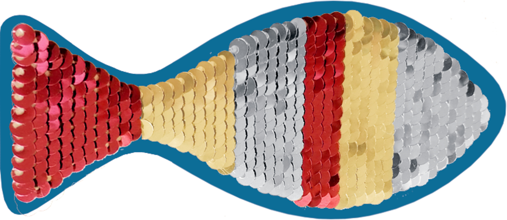 Cover-Detail Patch: Fischförmiges Design mit roten, gelben, silbernen und goldenen Pailletten, blau umrandet.