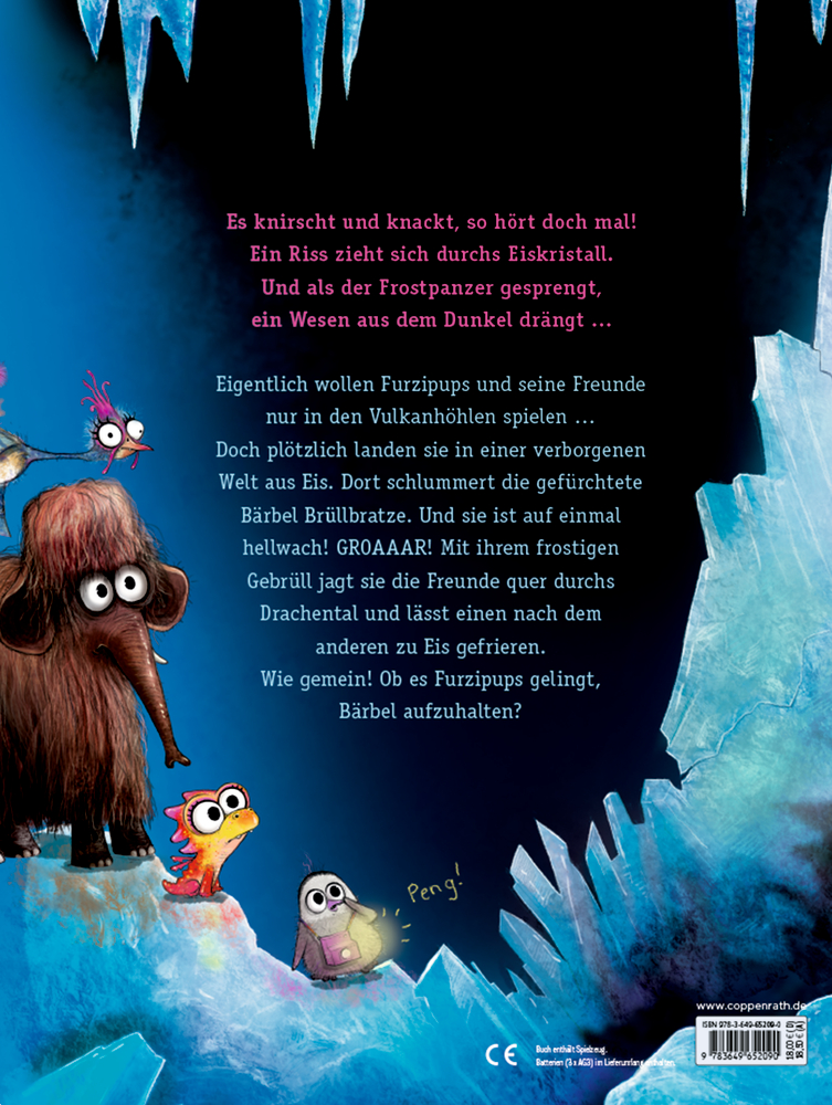 Buchrückseite: Ein braunes Mammut, ein kleiner roter Drache und ein grauer Vogel mit Buch stehen auf Eisspitzen vor blauem Hintergrund mit Eiszapfen.