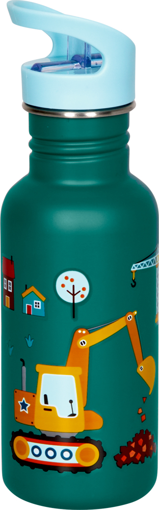 Grüne Wasserflasche mit Abbildung eines Baggers, von Bäumen und Häusern. Mit hellblauem TRinkverschluss.