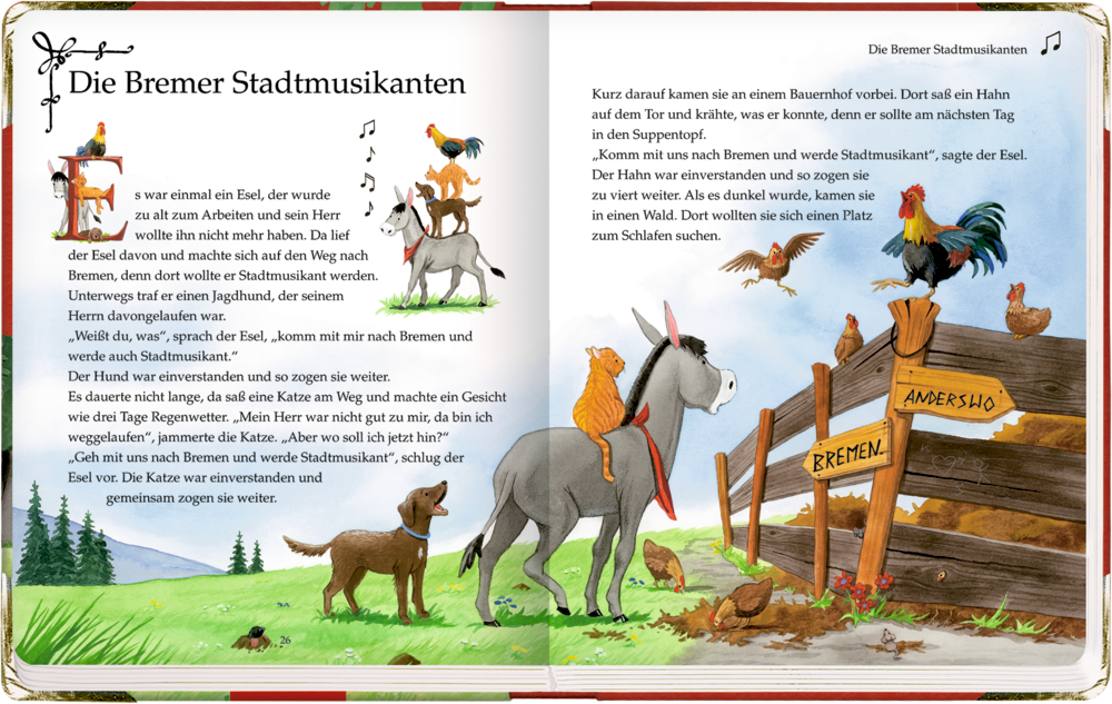 Esel, Hund, Katze und Hahn illustriert durch einen Bremer Wegweiser mit Fließtext und Waldkulisse.