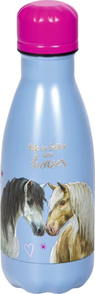 Hellblaue Flasche mit pinkem Deckel, zwei Pferde abgebildet, Text: life is better with horses.